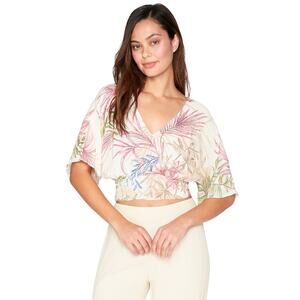 NWT Hurley Summer Palm Flounce Crop Tie Back V-Neck Top in Cream Multi Size L